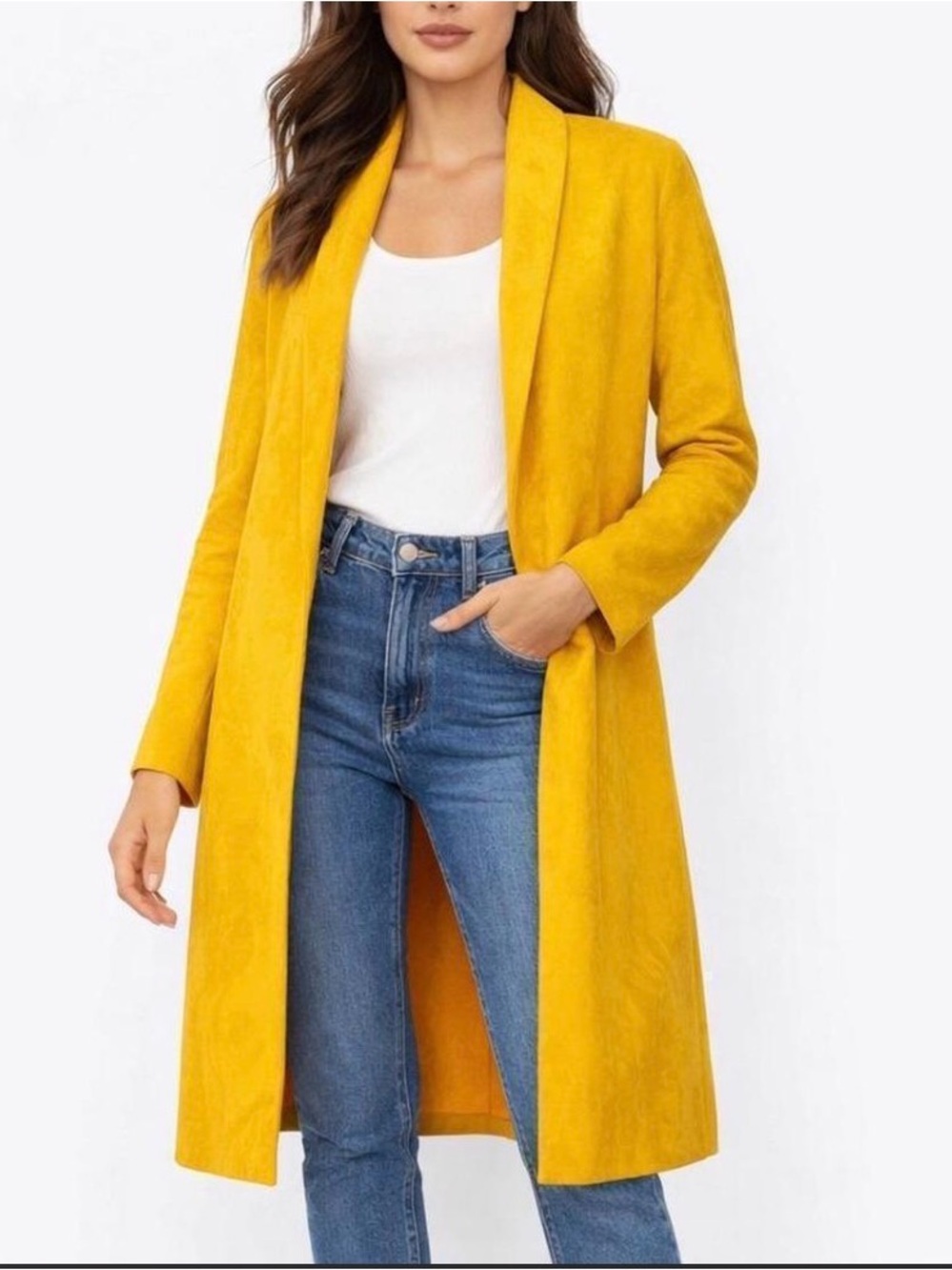 Zara Faux Suede Duster Coat in Mustard Yellow, Size M